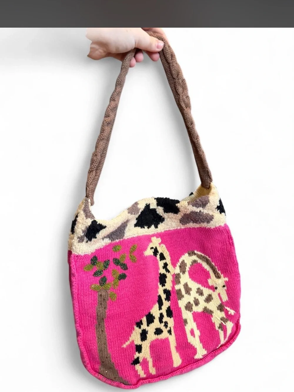 Hand-Knit Pink Giraffe Tote Bag
